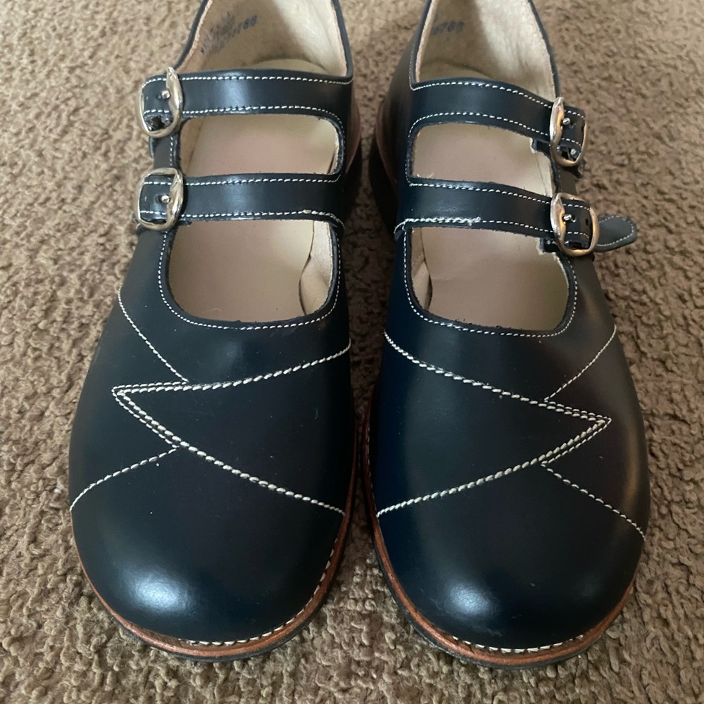 Mary Jane navy blue Double-Strap Dress Shoes with White Stitching